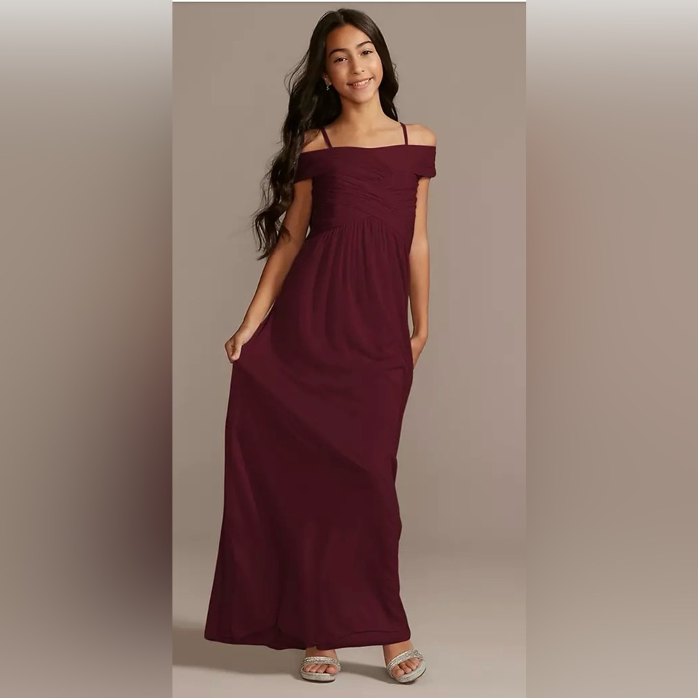 David’s Bridal Junior Bridesmaid Criss-Cross Off-Shoulder Dress in Wine, Size 10